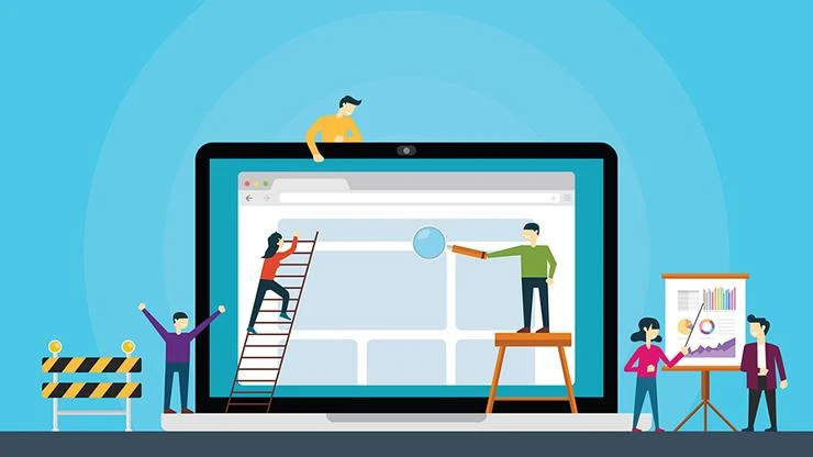 Illustration d'une équipe en train de créer un site internet
