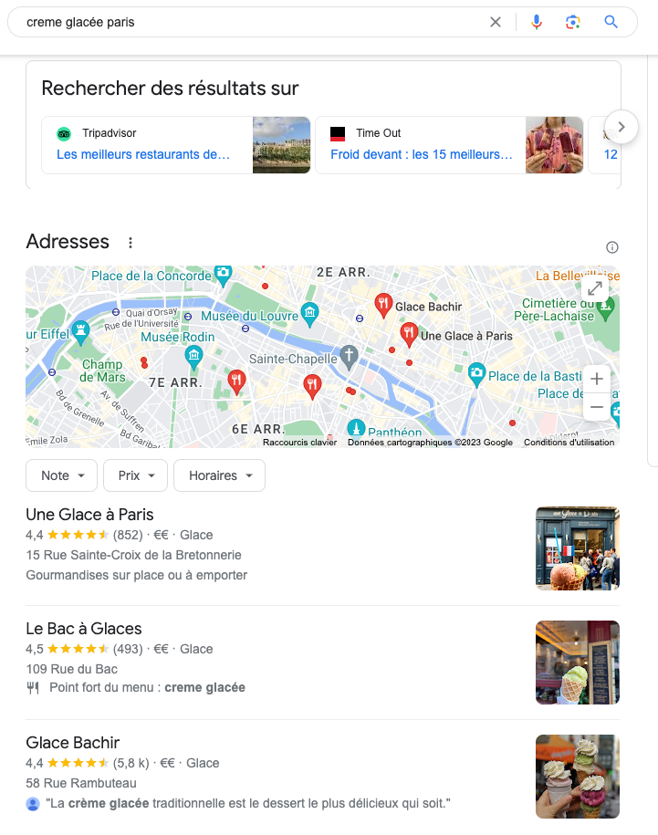 Exemple de résultat enrichi pour des entités commerciales